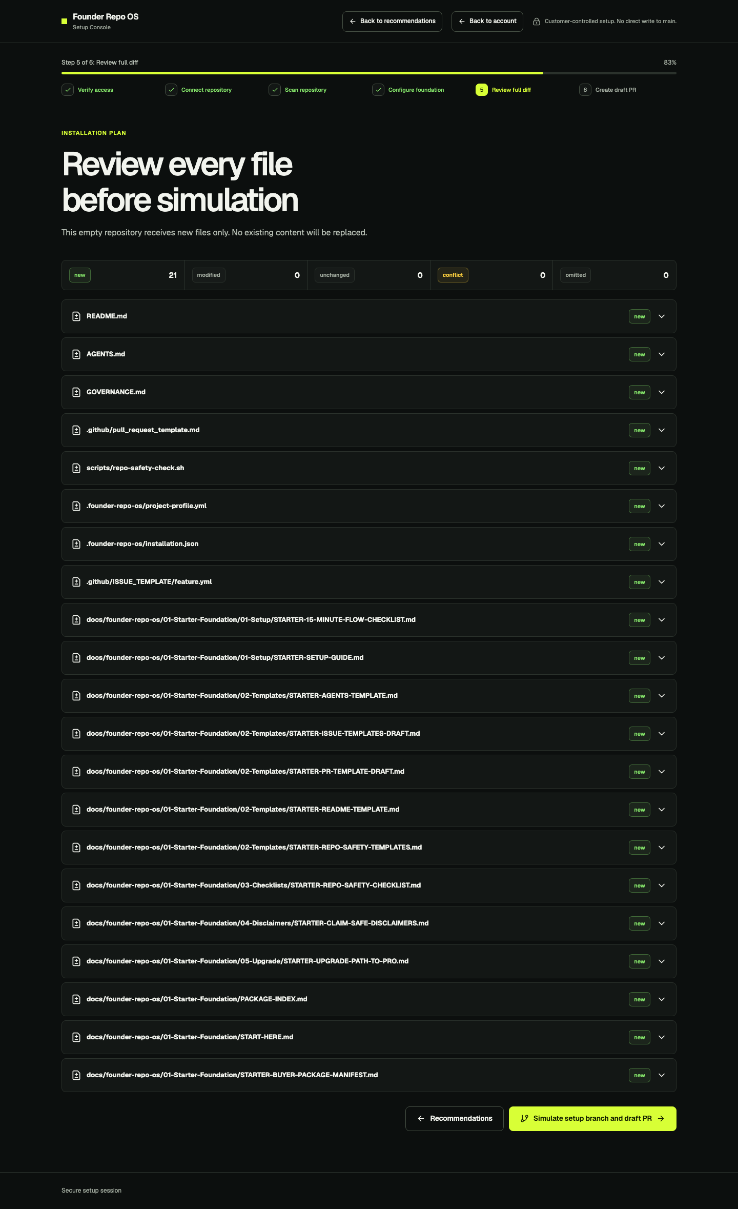Current Founder Repo OS setup interface: a controlled Starter demo shows the review step and proposed files before any repository write.